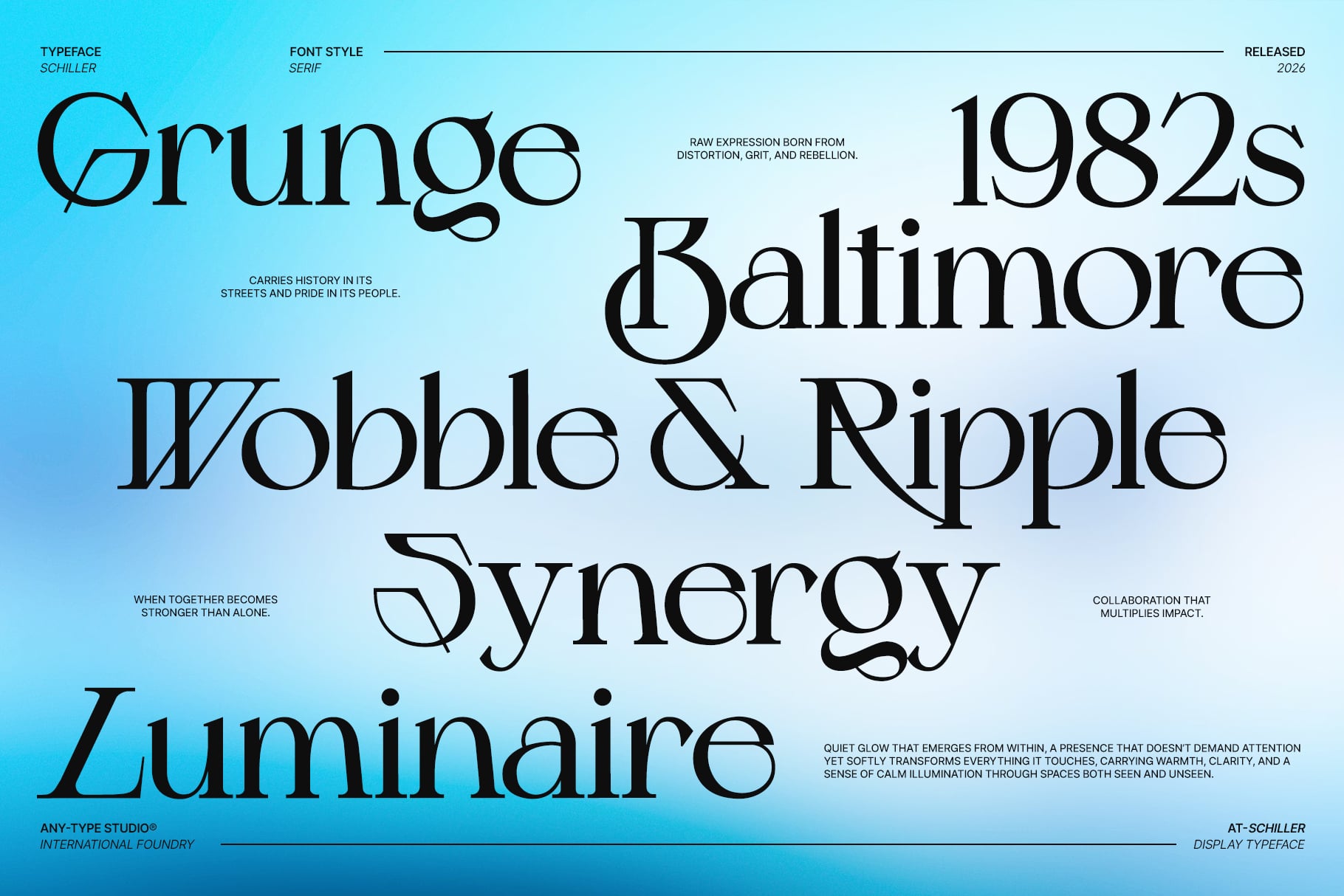 Schiller typeface display with grunge aesthetic phrases on gradient blue