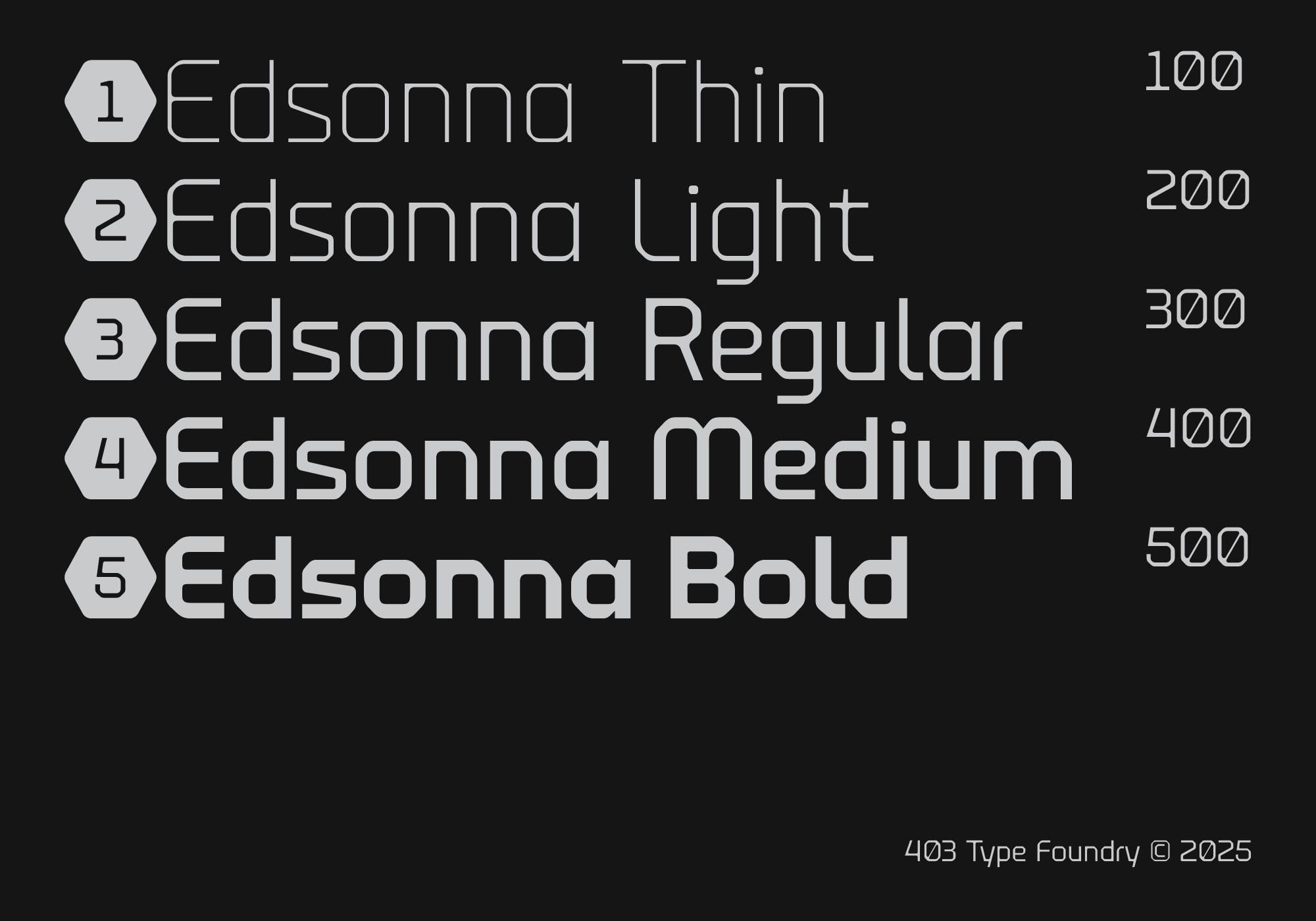 Edsonna font family showing 5 weights from thin to bold with weight numbers