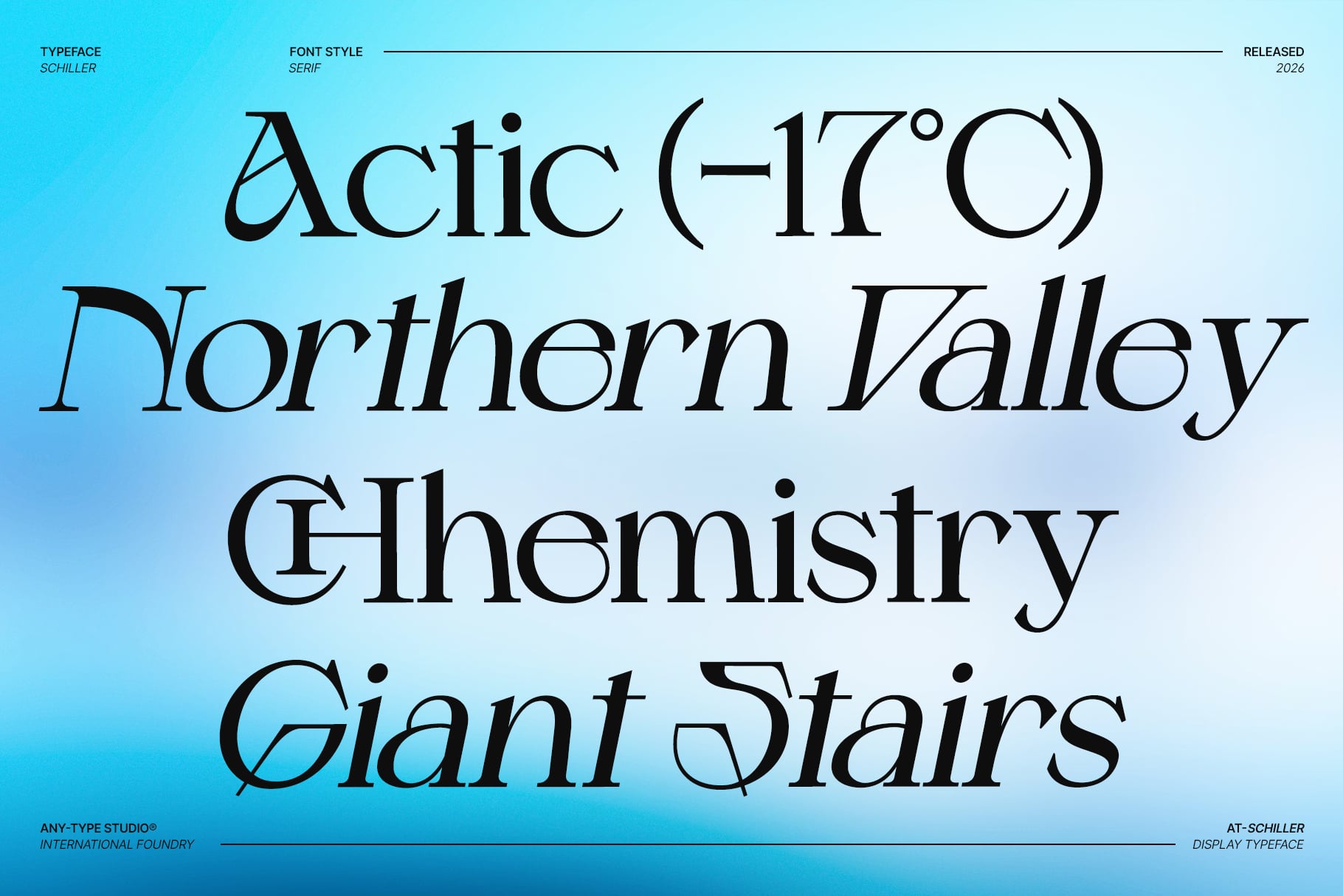 Schiller serif font specimen showing text samples on bright blue background