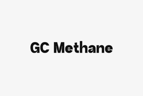 Bold sans serif typeface reading GC Methane in black letters minimal layout