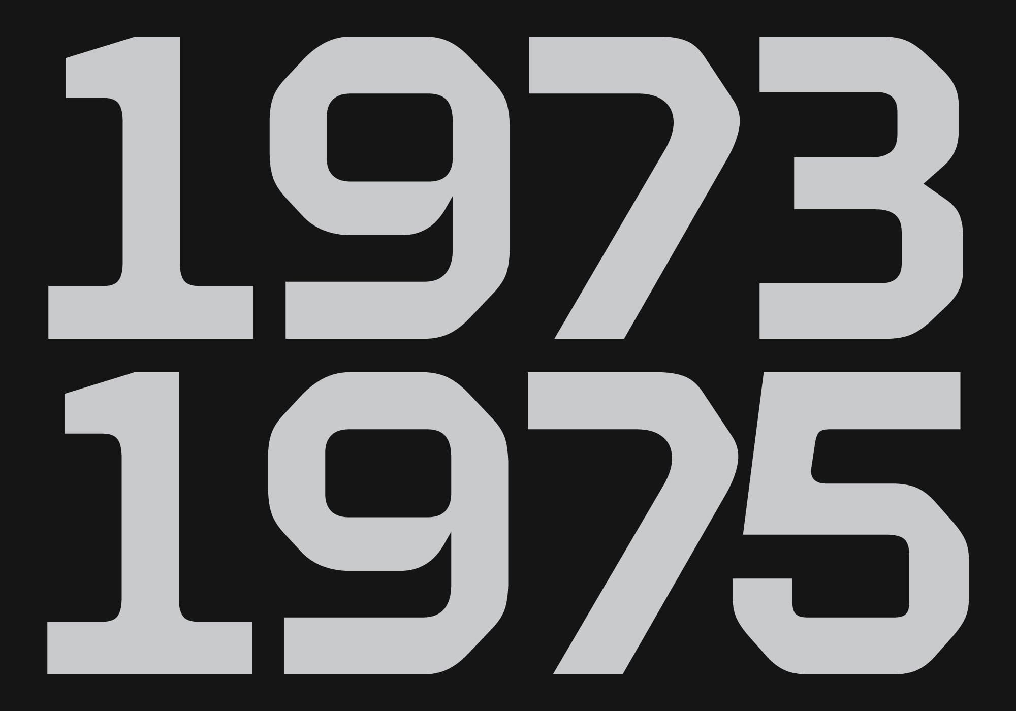 Large condensed numbers 1973 1975 stacked in bold sans serif on dark background