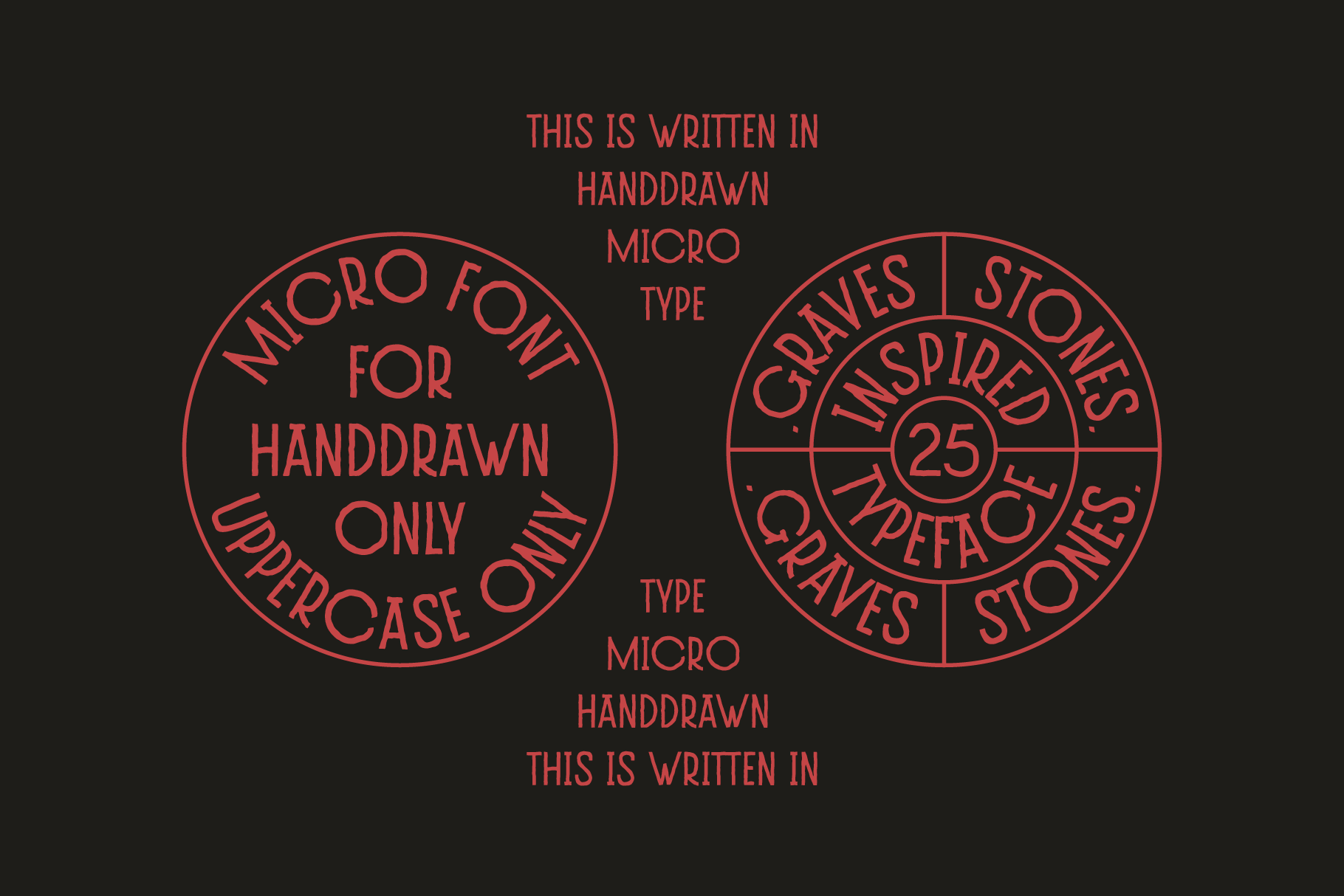 Two circular seals showing micro handdrawn typeface samples, red on black
