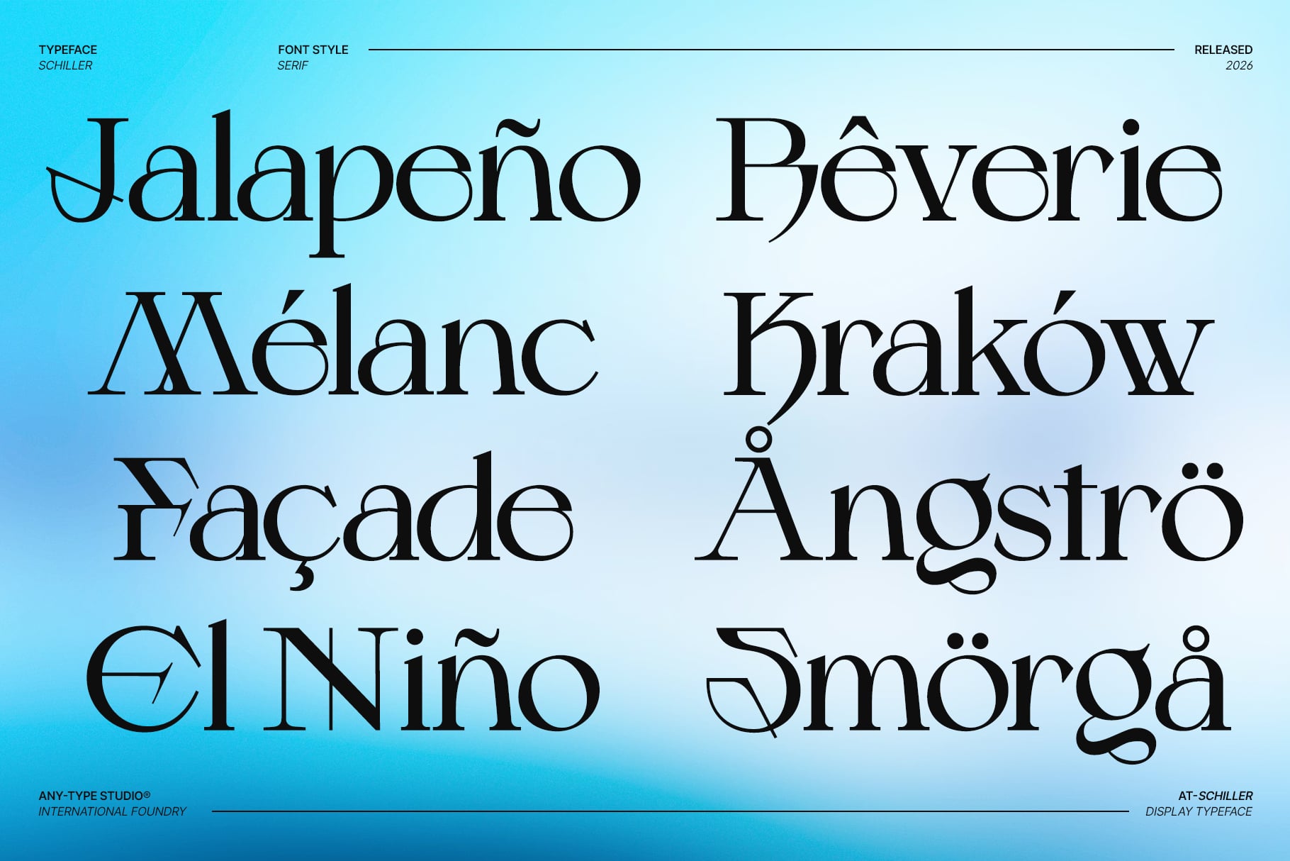 Schiller serif font showing multilingual text, accents, diacritics samples