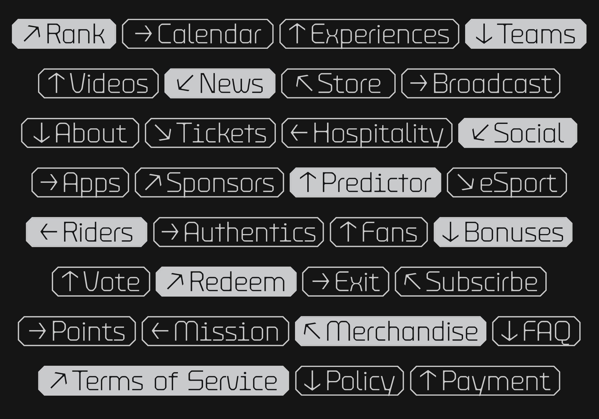 Navigation menu buttons with directional arrows for events sports entertainment web interface