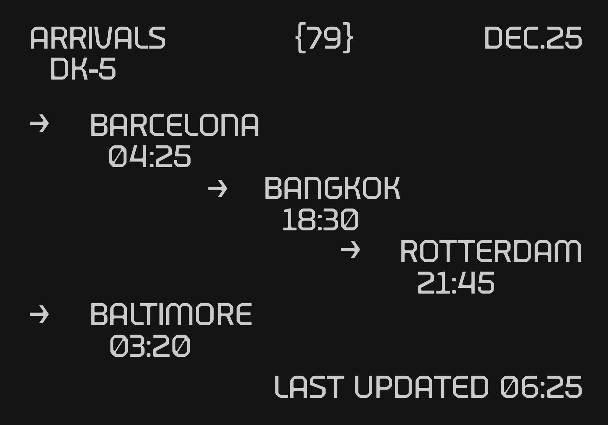 Flight arrivals board showing routes to Barcelona Bangkok Rotterdam Baltimore on December 25