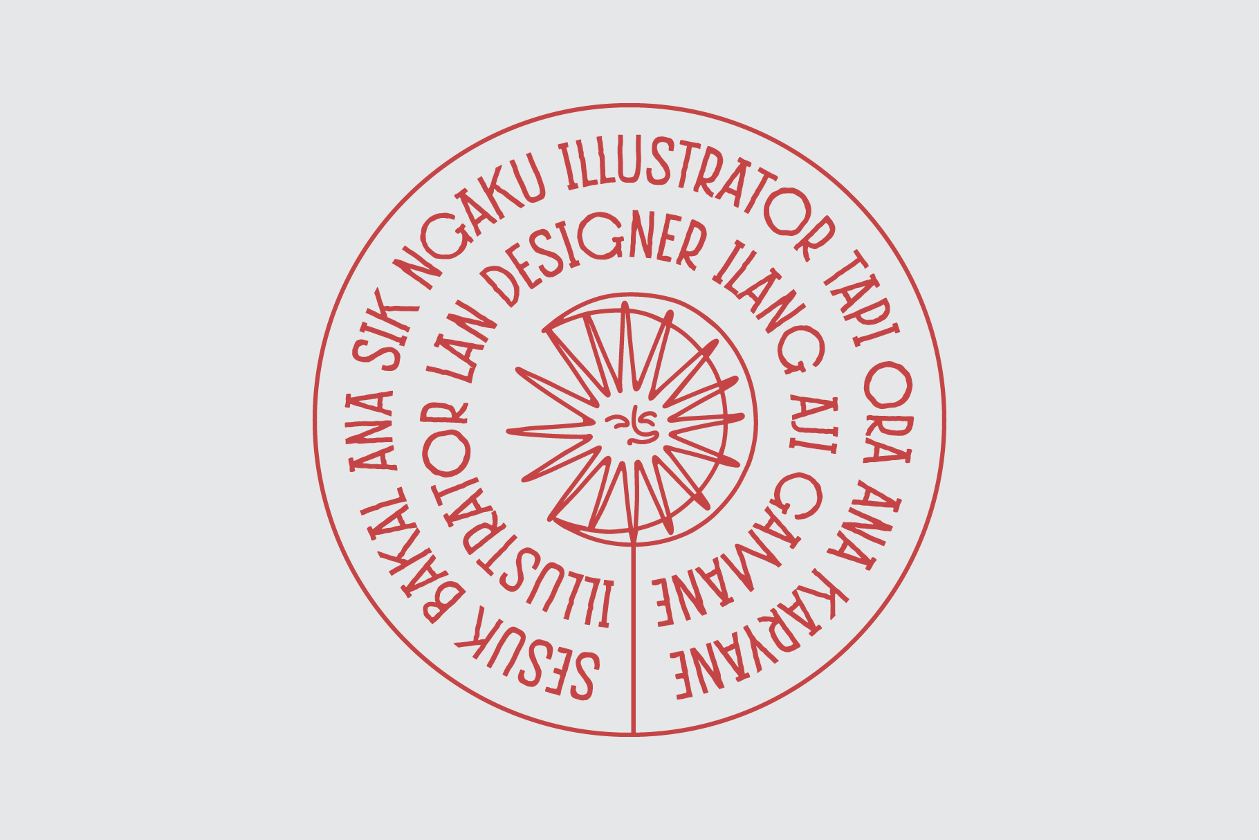 Red circular seal stamp with radiating sun design, handdrawn micro typeface