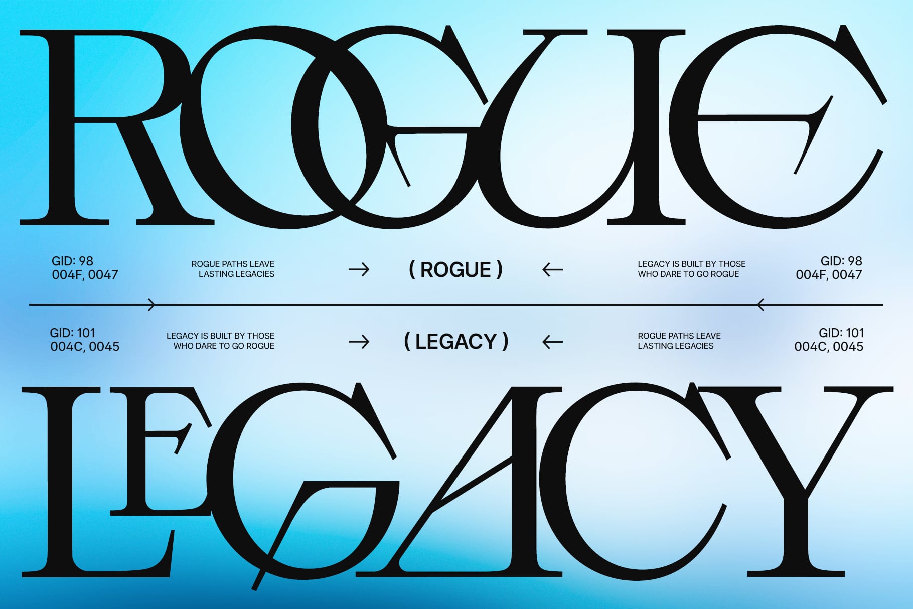 Rogue Legacy typeface display showing serif font with glyph variations
