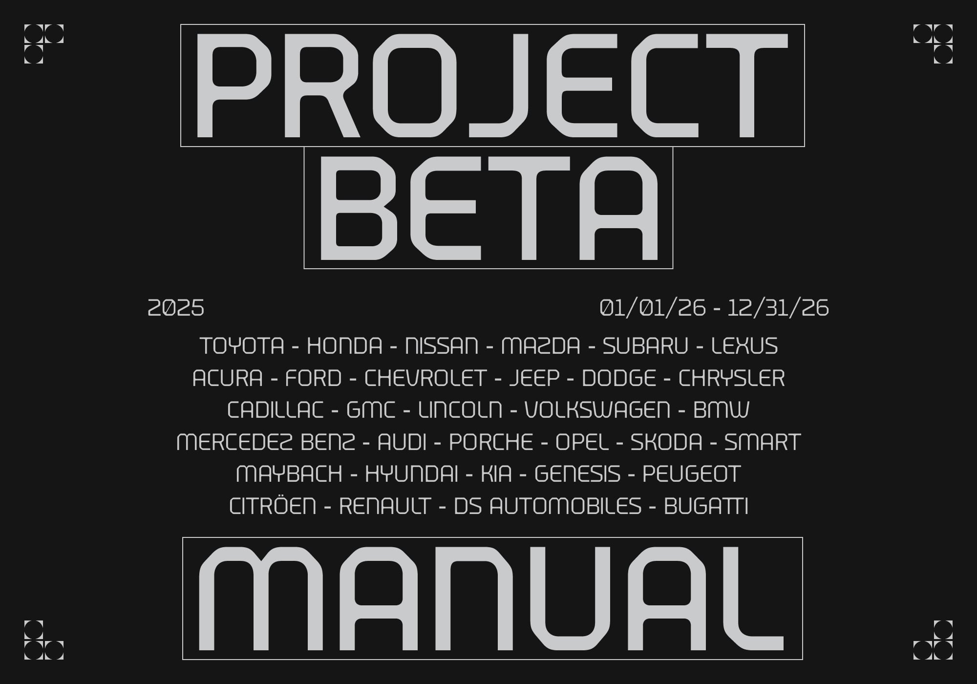 Project Beta manual cover 2025 listing multiple car brands for manual transmission vehicles