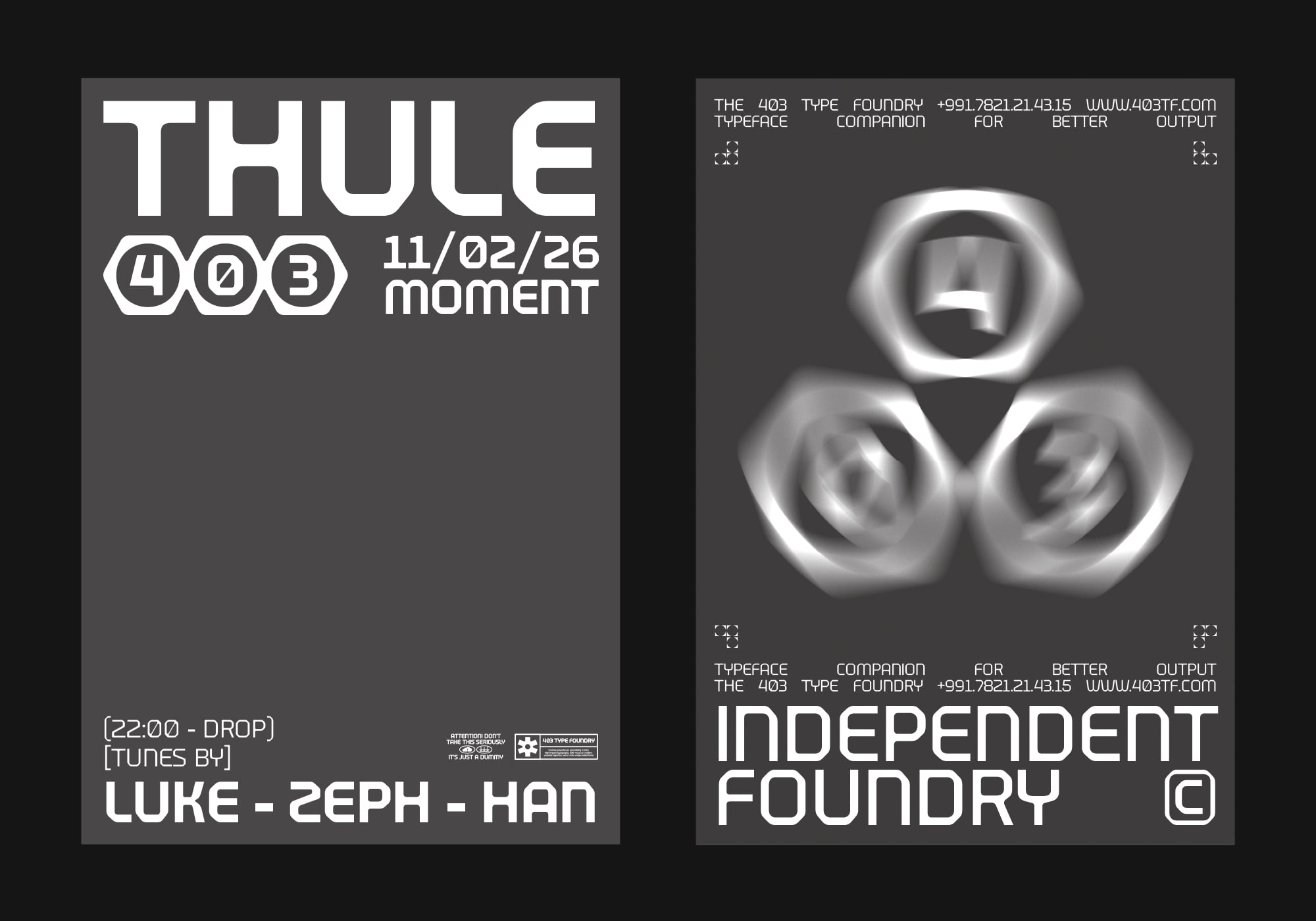 Two dark posters for Thule 403 moment event with metallic hexagon shapes representing Independent Foundry