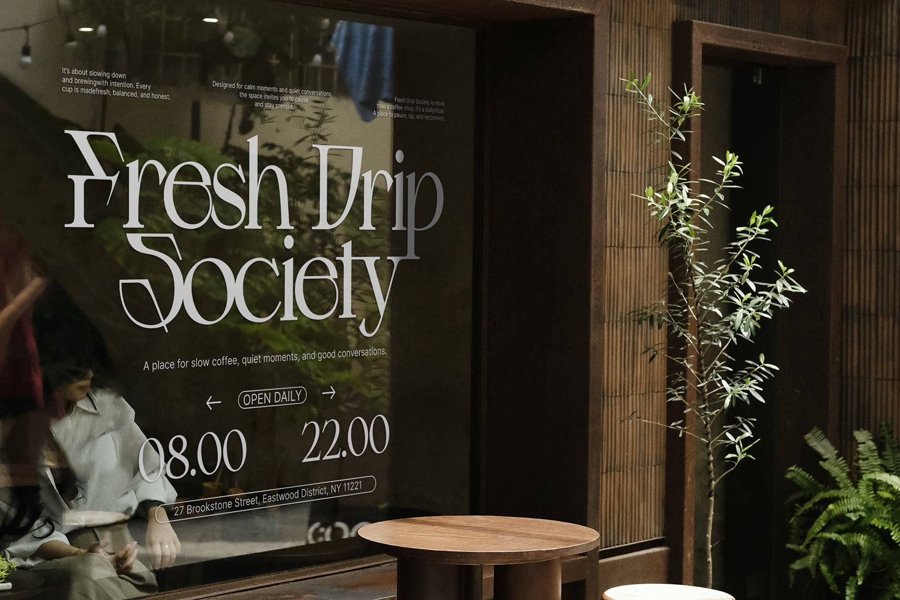 Cafe window decal for Fresh Drip Society with hours, address, coffee description