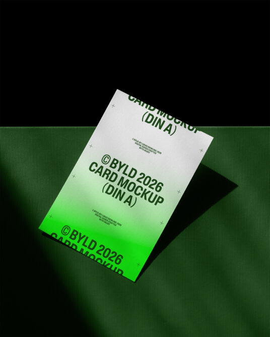 Stacked white to neon green gradient DIN A cards on dark green ribbed background