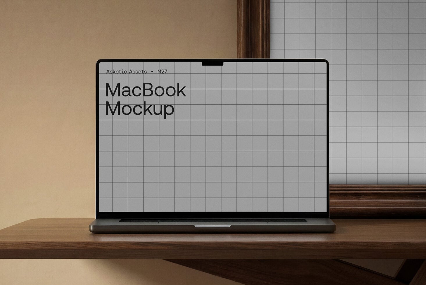 MacBook mockup on wood desk with light gray grid screen, neutral background