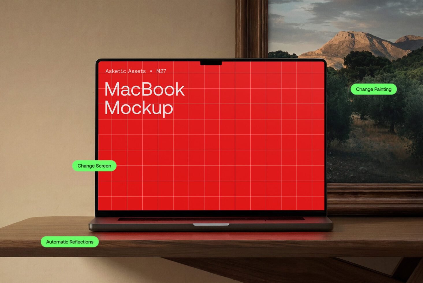 MacBook mockup with red screen, editable smart objects for screen painting