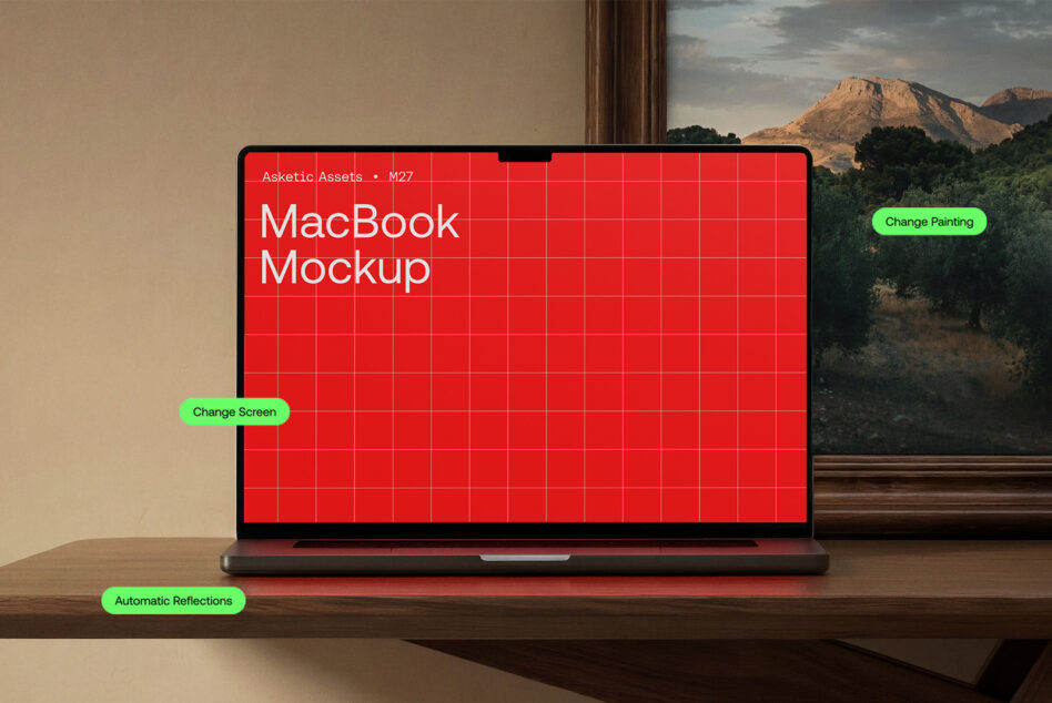 MacBook mockup with red screen, editable smart objects for screen painting