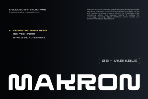 Makron display typeface specimen showing geometric rounded forms for sci-fi branding use cases