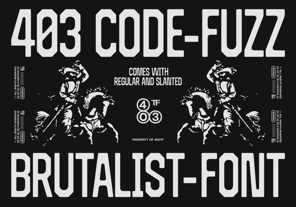 Code Fuzz brutalist font featuring aggressive rider woodcut illustrations centered