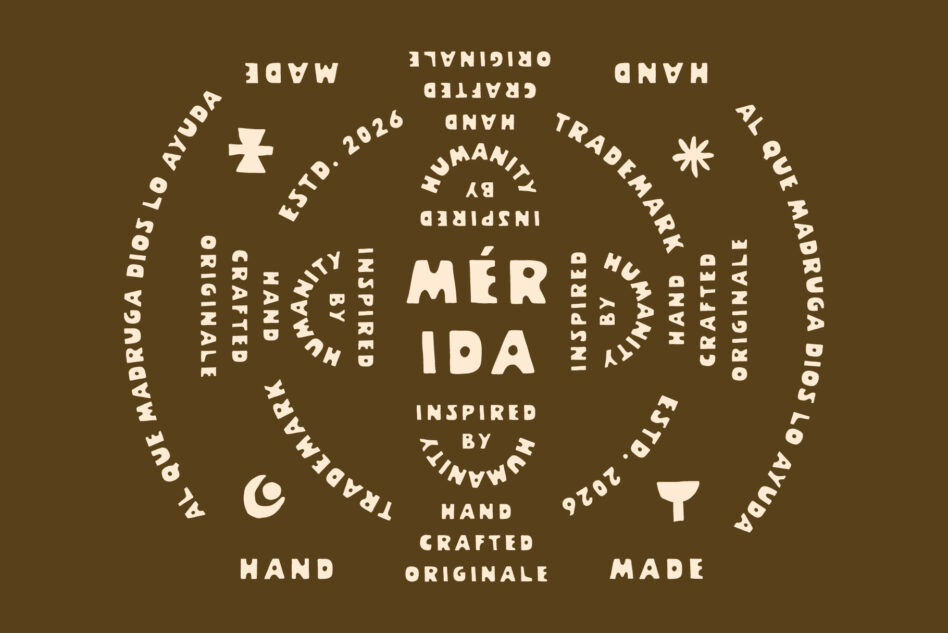 Merida typeface word cloud on olive background with brand descriptors