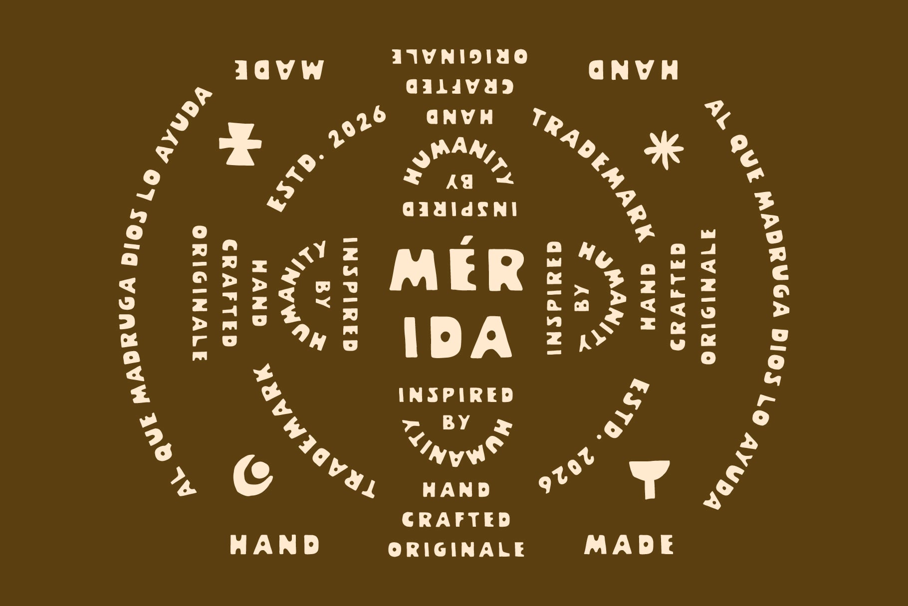 Merida typeface word cloud on olive background with brand descriptors