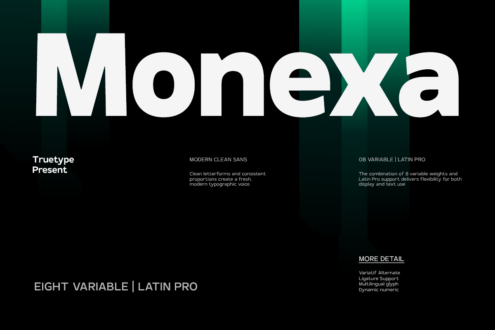 Monexa typeface branding with vertical teal stripes behind white text on black background