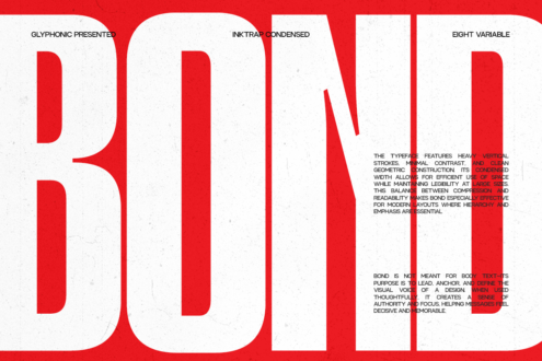 Bond typeface specimen on red with white letters showing eight variable styles