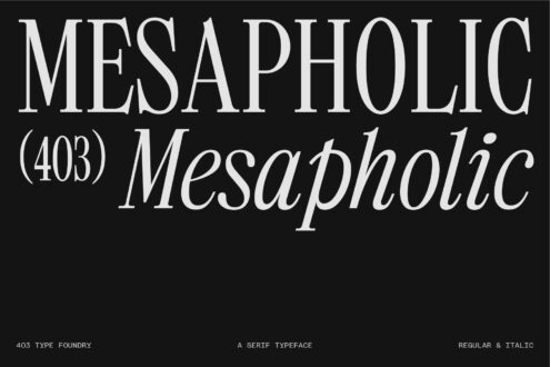 Mesapholic 403 serif typeface title display in white on black