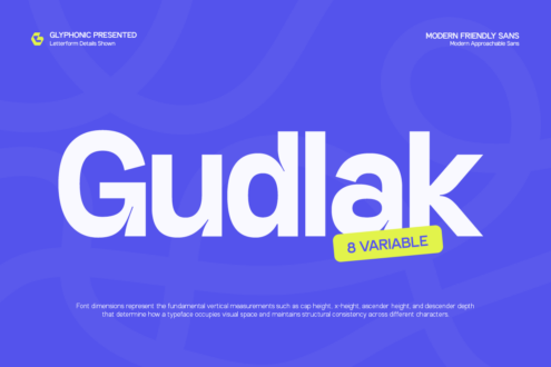 Gudlak sans serif typeface in 8 variable weights with modern letterform details highlighted