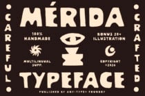 Merida typeface specimen showing bold geometric letterforms on dark background