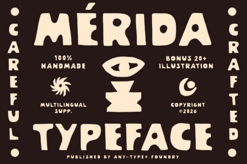Merida typeface specimen showing bold geometric letterforms on dark background