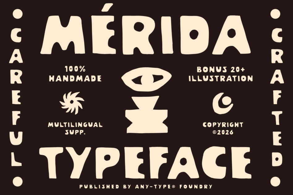 Merida typeface specimen showing bold geometric letterforms on dark background