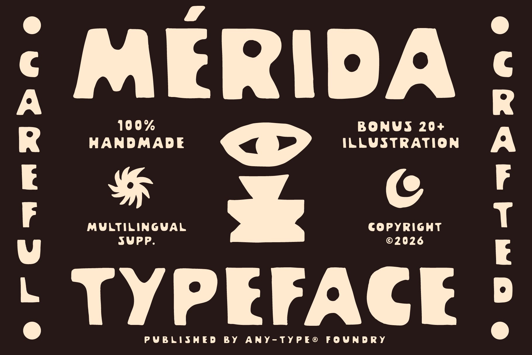Merida typeface specimen showing bold geometric letterforms on dark background