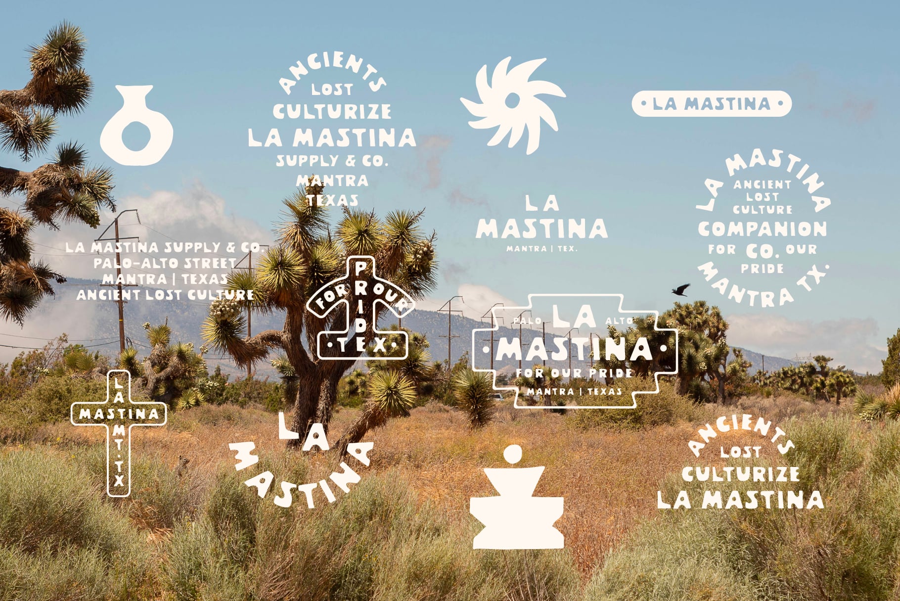 La Mastina supply co collection of logos against Texas desert setting