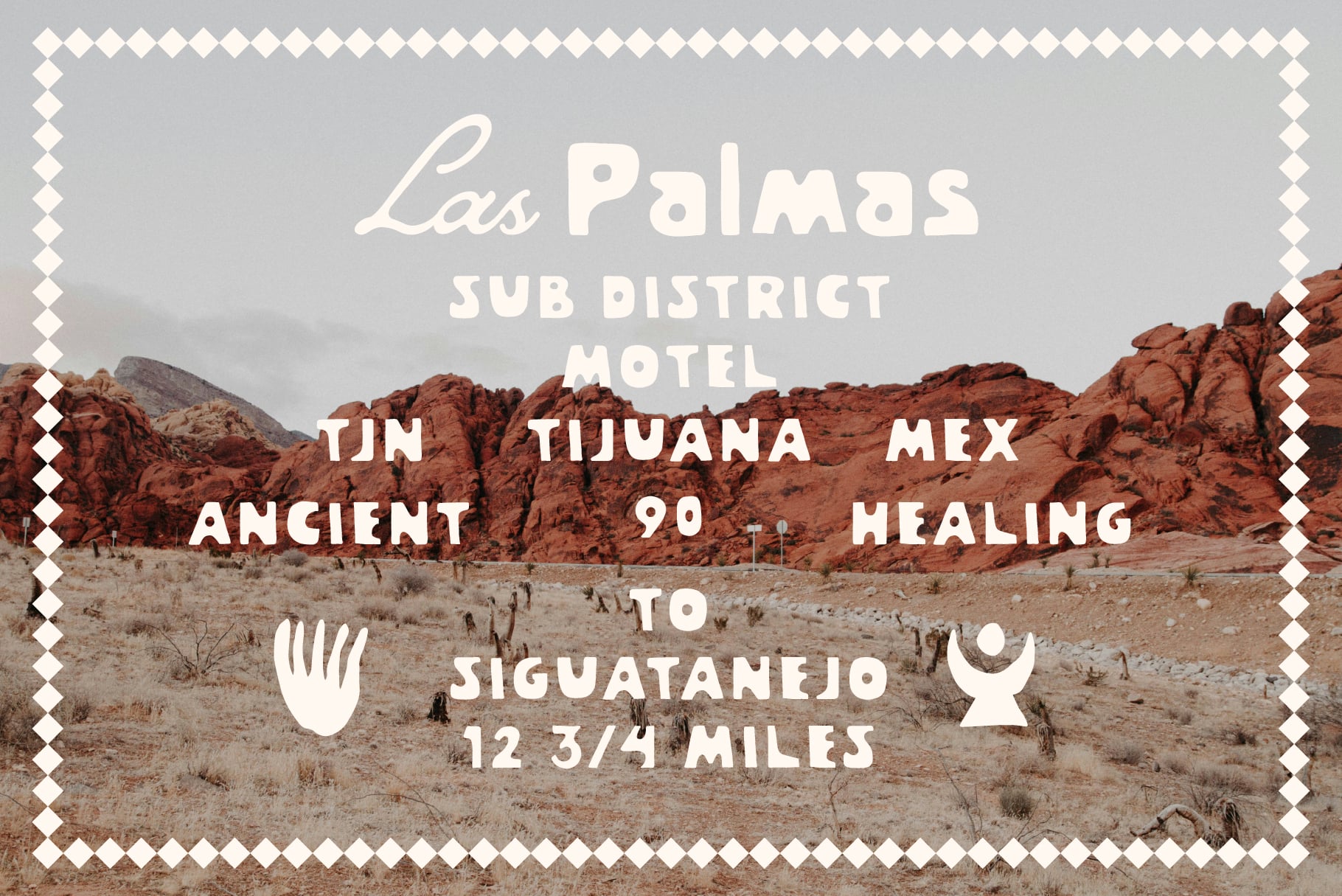 Las Palmas motel signage mock-up over red rock formation landscape