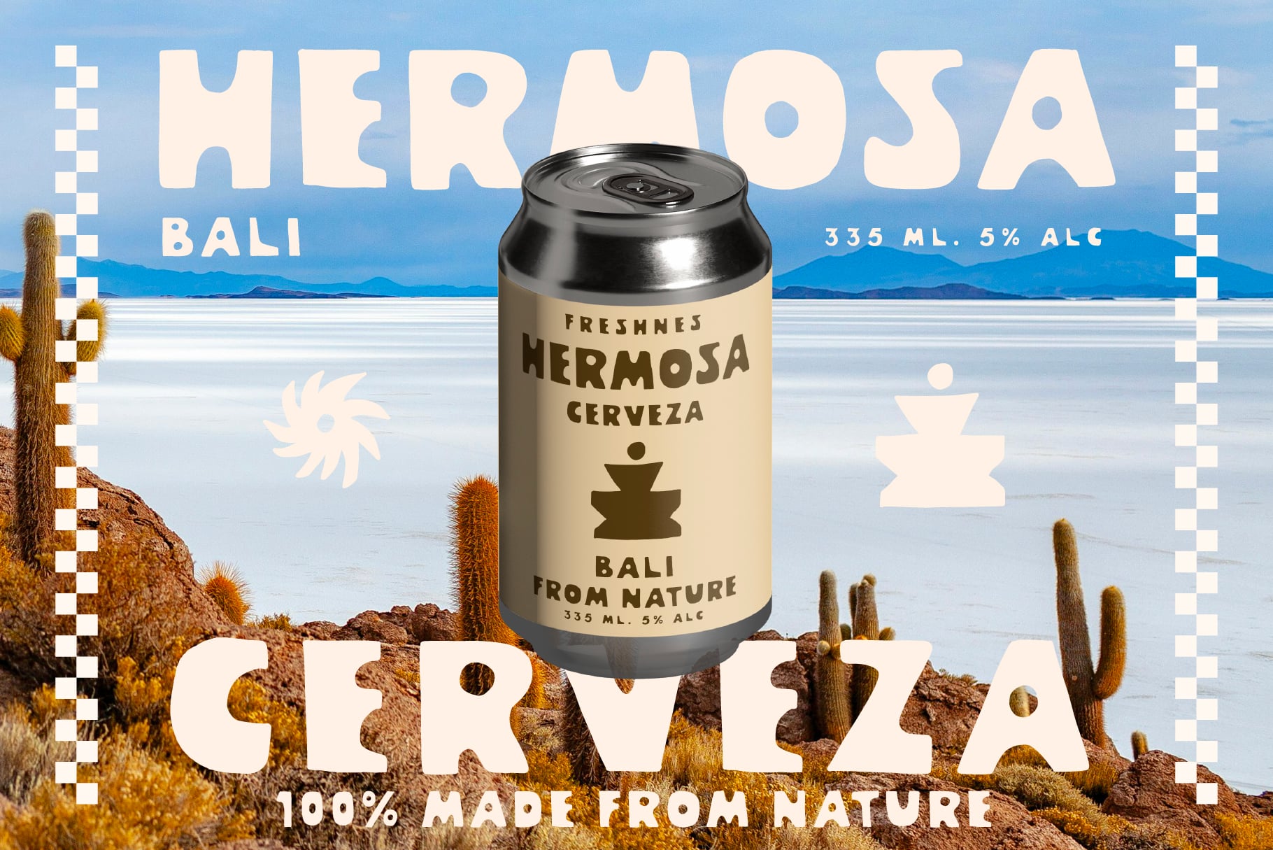 Hermosa beer can mockup in desert with cactus, ocean backdrop visible behind
