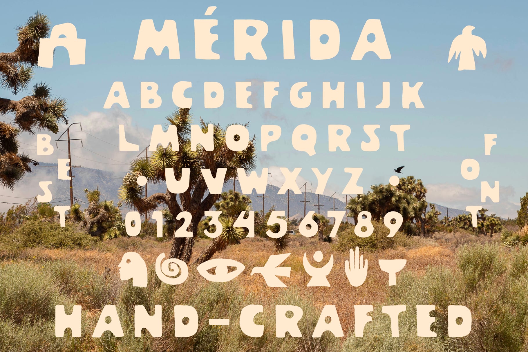 Merida font displayed across desert with palm trees, numbers included below