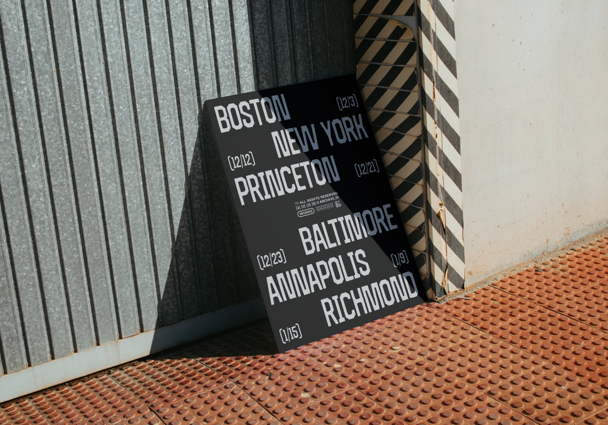 Black poster with white sans serif listing Boston, New York, Princeton, Baltimore, Annapolis, Richmond tour dates