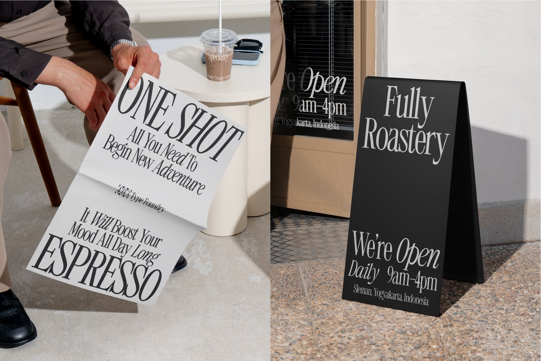 Coffee shop window signage with One Shot espresso copy on sandwich boards