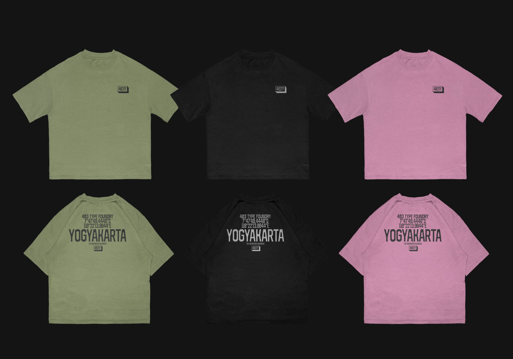Six oversized t-shirts in sage, black, pink showing front logo, back print with yogyakarta coordinates