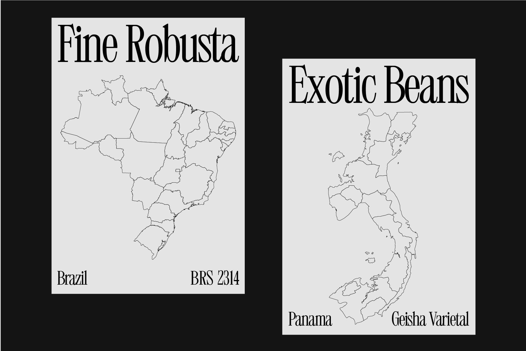 Two botanical map prints showing Fine Robusta Brazil region plus Exotic Beans Panama