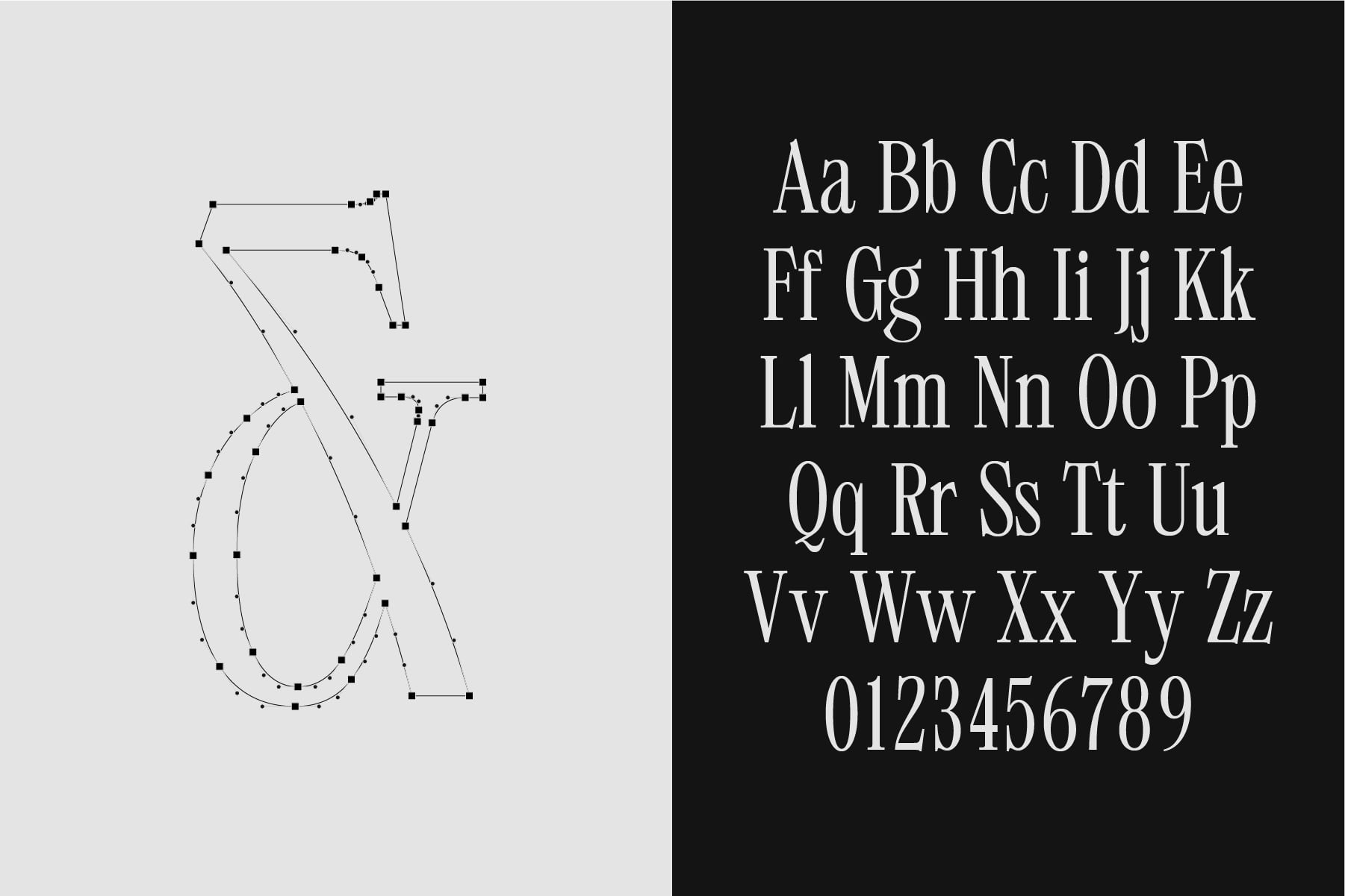 Serif font alphabet preview with construction lines showing geometric structure