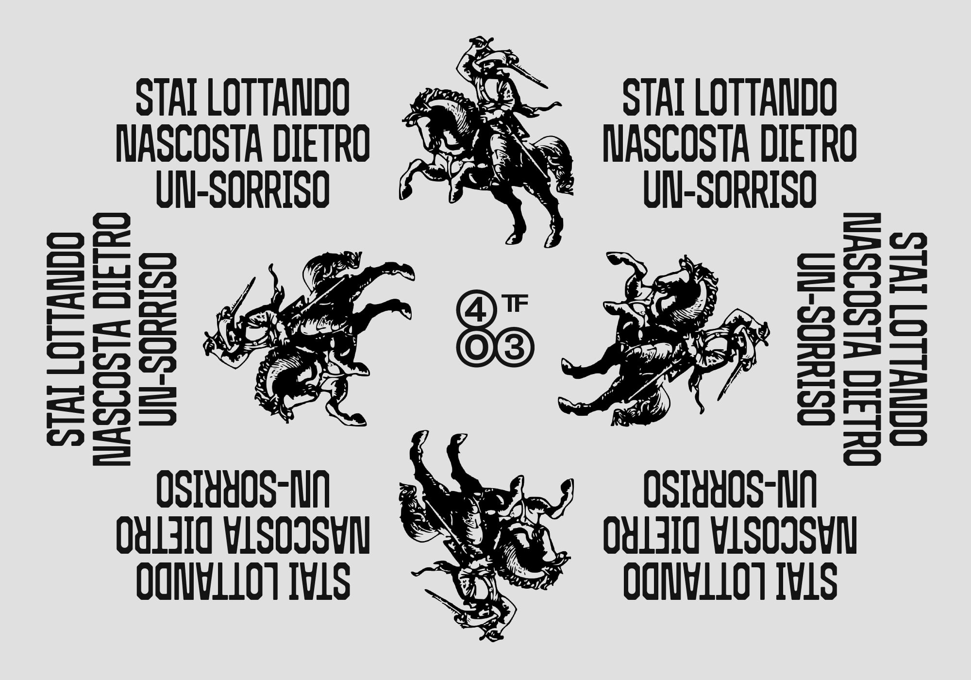 Italian layout with horse riders, ornate text, centered logo emblem design