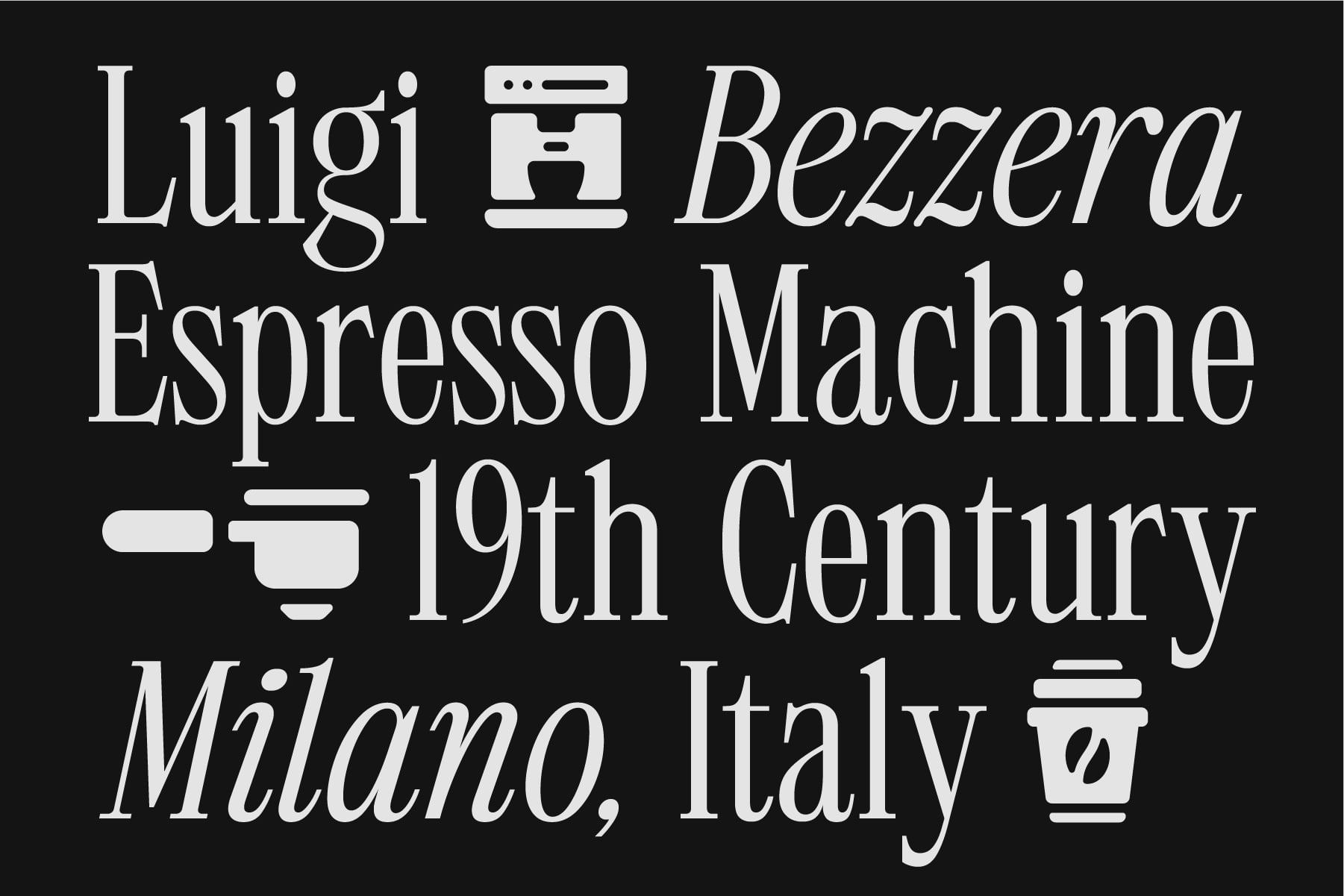 Luigi Bezzera espresso machine text with coffee cup icons on dark background