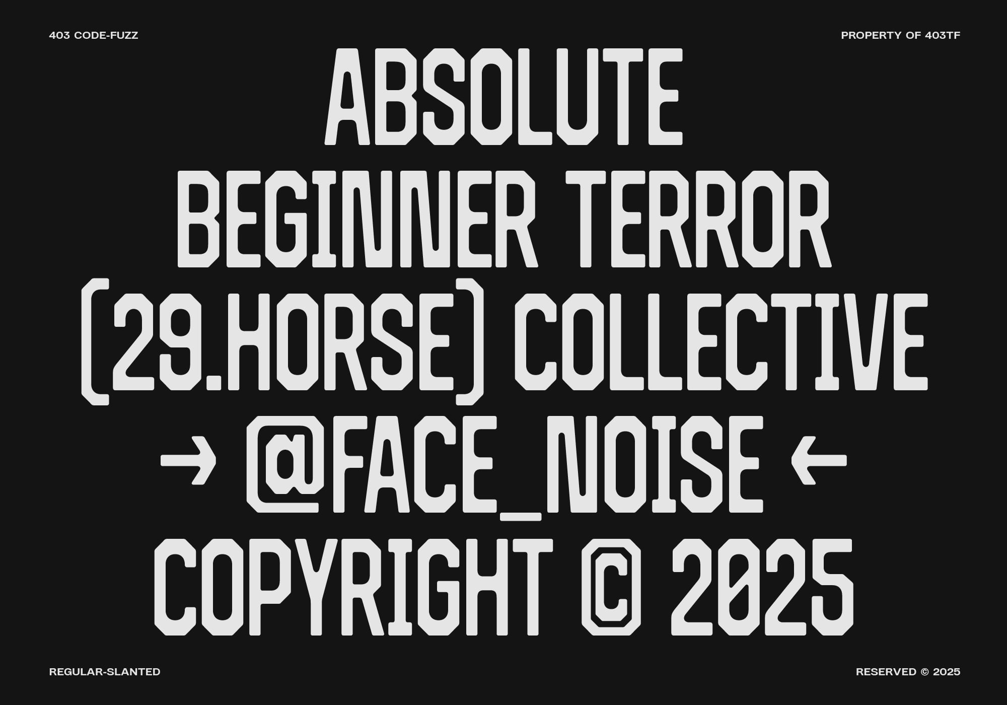 Black dark mode type specimen with brutalist font in regular slanted style