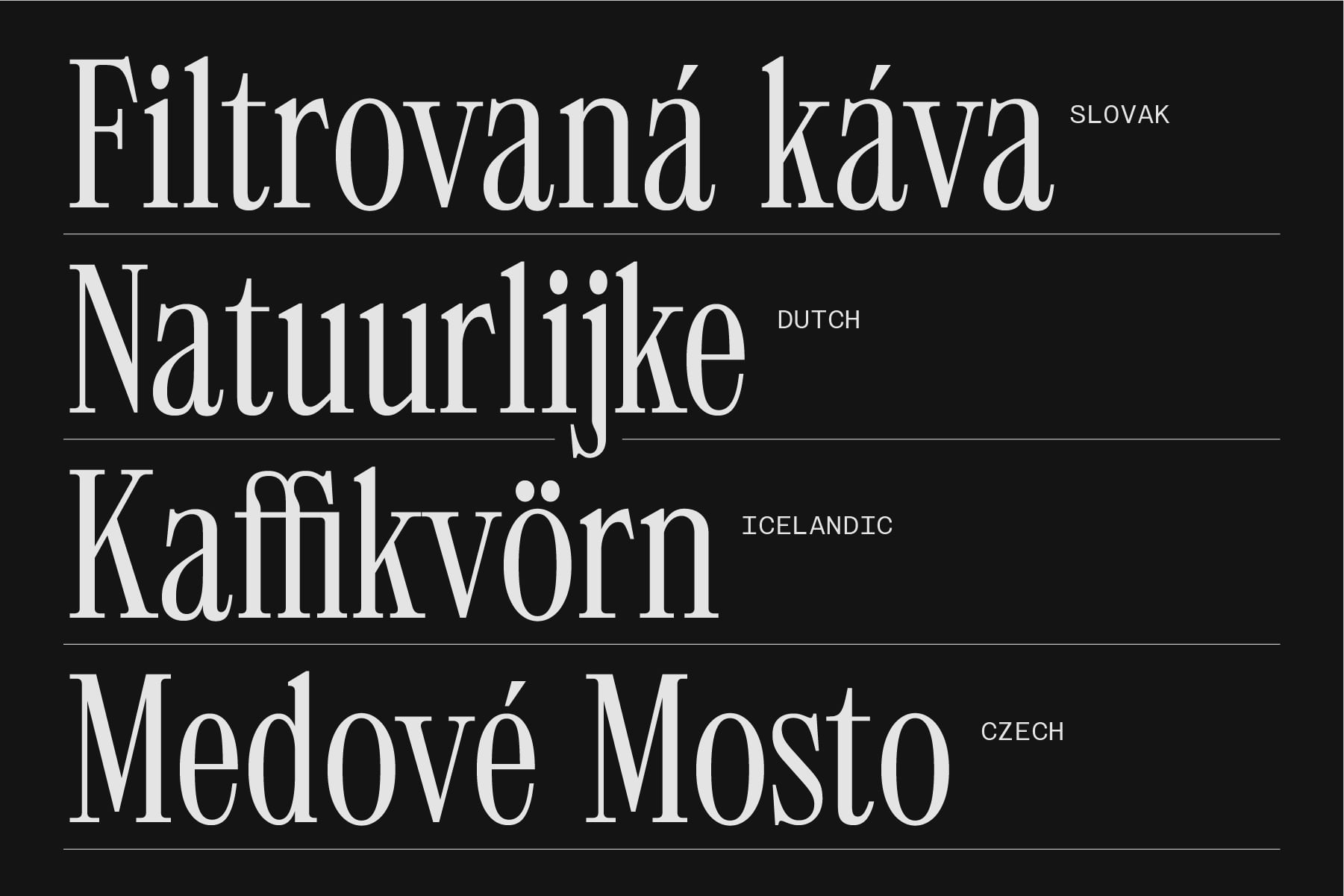 Serif font reference displaying coffee terms in multiple European languages
