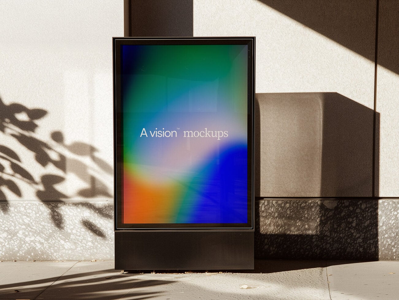 Street billboard mockup with colorful gradient display in bright sunlight