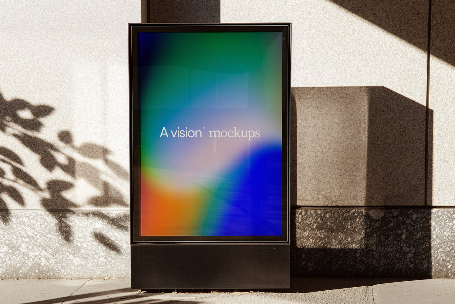 Square billboard mockup with colorful gradient display in bright sunlight