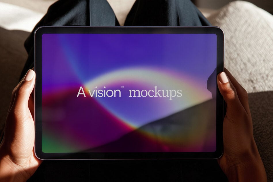 Tablet in hands displaying vibrant purple to green gradient background