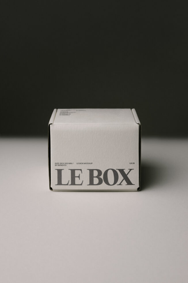 White cardboard shipping box with LE BOX branding, front view