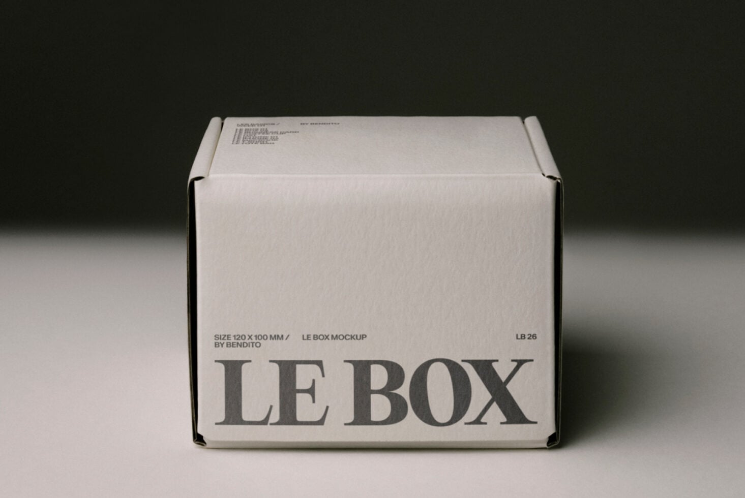 White cardboard box with LE BOX label in dark text, 120x100mm size