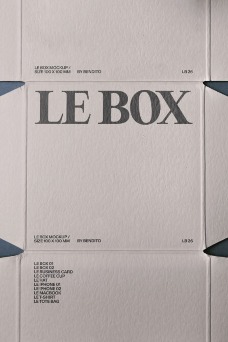 White cardboard box mockup with LE BOX text, flat lay top view