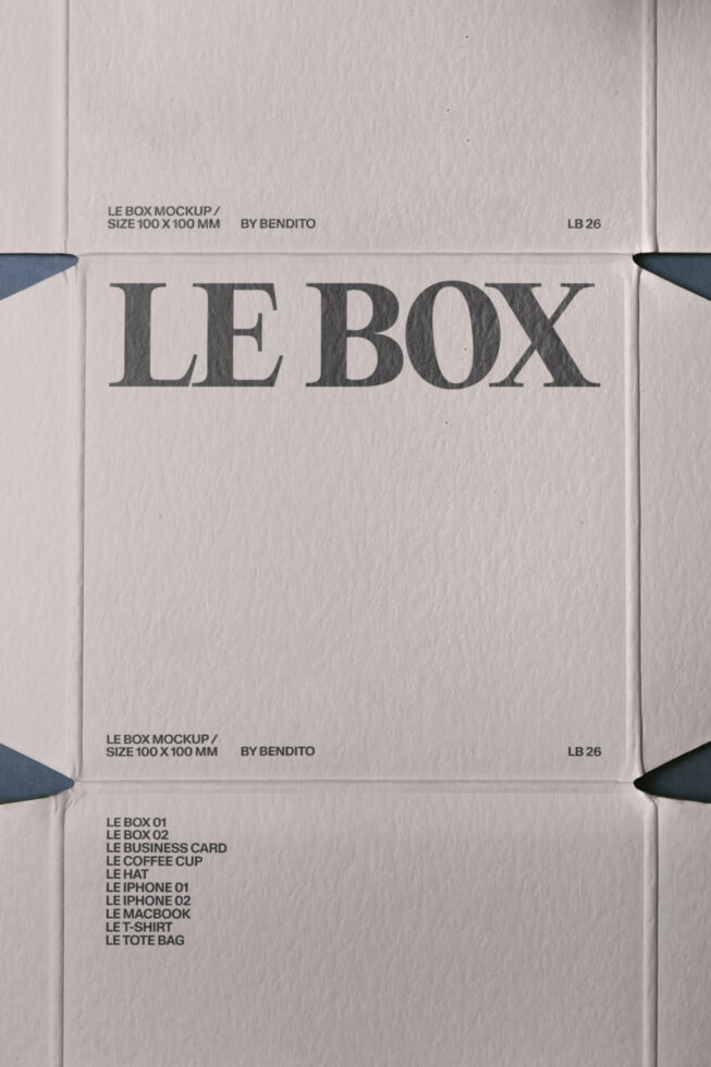 White cardboard box mockup with LE BOX text, flat lay top view